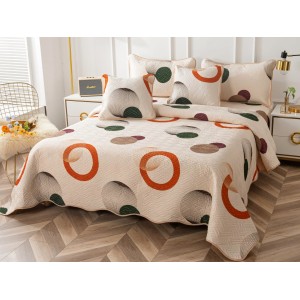 Cuvertura pat dublu din Bumbac Finet, 5 PIESE, Crem-Multicolor, cercuri