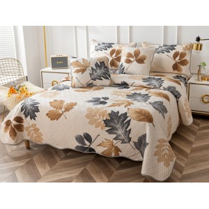 Cuvertura pat dublu din Bumbac Finet, 5 PIESE, Crem-Maro, frunze