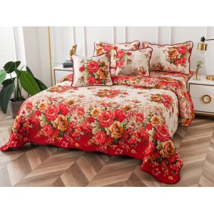 Cuvertura pat dublu din Bumbac Finet, 5 PIESE, Crem-Rosu, flori