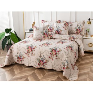 Cuvertura pat dublu din Bumbac Finet, 5 PIESE, Gri-Rosu, flori