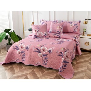 Cuvertura pat dublu din Bumbac Finet, 5 PIESE, Roz, flori