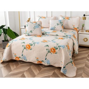 Cuvertura pat dublu din Bumbac Finet, 5 PIESE, Crem-Albastru, flori