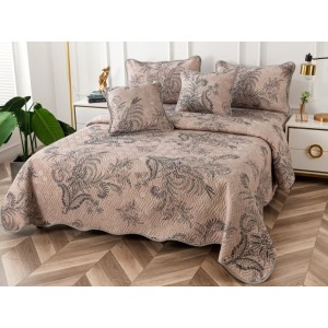 Cuvertura pat dublu din Bumbac Finet, 5 PIESE, Bej-Gri, model elegant