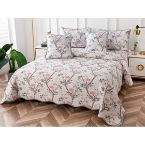 Cuvertura pat dublu din Bumbac Finet, 5 PIESE, Gri-Roz, crengute