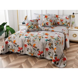 Cuvertura pat dublu din Bumbac Finet, 5 PIESE, Gri-Multicolor, frunze, crengute