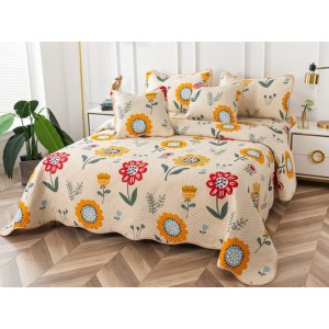 Cuvertura pat dublu din Bumbac Finet, 5 PIESE, Crem-Multicolor, flori