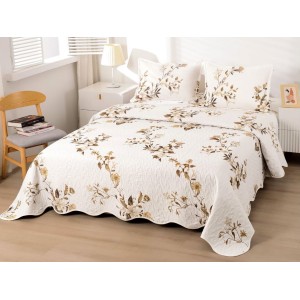 Cuvertura pat dublu din Bumbac Satinat Superior, 3 PIESE, Crem-Bej, flori