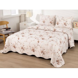 Cuvertura pat dublu din Bumbac Satinat Superior, 3 PIESE, Crem-Bej, flori