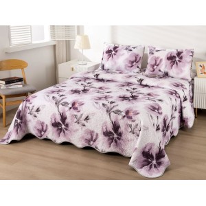 Cuvertura pat dublu din Bumbac Satinat Superior, 3 PIESE, Gri, flori