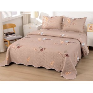 Cuvertura pat dublu din Bumbac Satinat Superior, 3 PIESE, Bej, pene, fluturi