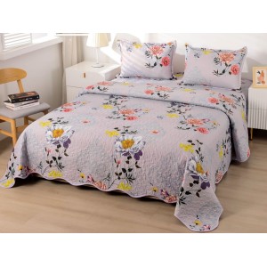 Cuvertura pat dublu din Bumbac Satinat Superior, 3 PIESE, Gri, flori