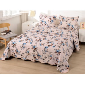 Cuvertura pat dublu din Bumbac Satinat Superior, 3 PIESE, Bej-Bleu, flori