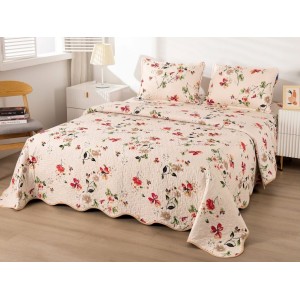 Cuvertura pat dublu din Bumbac Satinat Superior, 3 PIESE, Crem-Rosu, flori