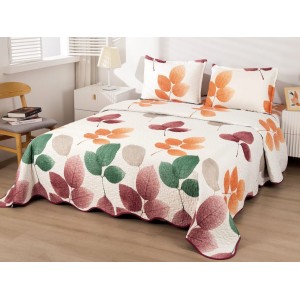 Cuvertura pat dublu din Bumbac Satinat Superior, 3 PIESE, Crem-Multicolor, frunze