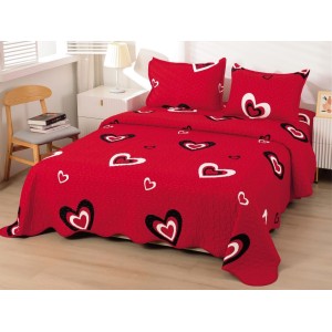Cuvertura pat dublu din Bumbac Satinat Superior, 3 PIESE, Rosu-Alb-Negru, inimioare