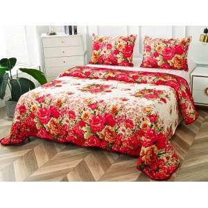 Cuvertura pat dublu din Bumbac Satinat Superior, 3 PIESE, Crem-Rosu, flori