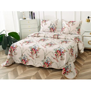 Cuvertura pat dublu din Bumbac Satinat Superior, 3 PIESE, Gri-Rosu, flori
