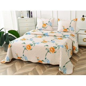 Cuvertura pat dublu din Bumbac Satinat Superior, 3 PIESE, Crem-Albastru, flori