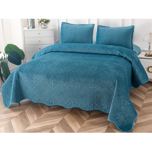 Cuvertura pat dublu, 3 piese, Catifea Matlasata, 230x250cm, Albastru