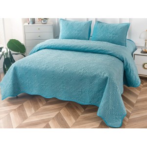 Cuvertura pat dublu, 3 piese, Catifea Matlasata, 230x250cm, Bleu