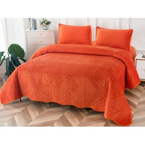 Cuvertura pat dublu, 3 piese, Catifea Matlasata, 230x250cm, Caramiziu