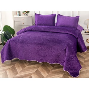 Cuvertura pat dublu, 3 piese, Catifea Matlasata, 230x250cm, Mov