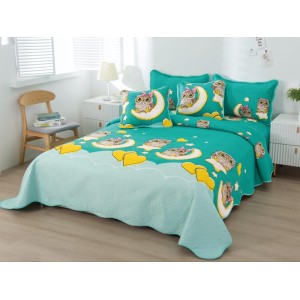 Cuvertura pat dublu din Bumbac Finet, 5 PIESE, Verde-Galben, bufnite, inimioare