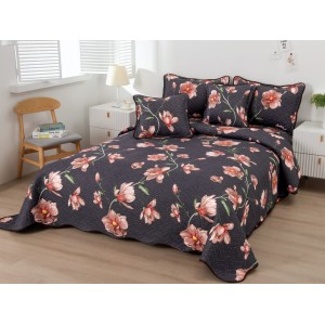 Cuvertura pat dublu din Bumbac Finet, 5 PIESE, Maro, flori