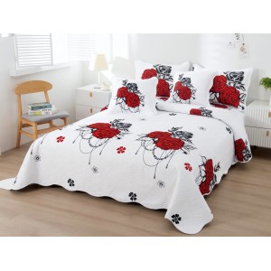 Cuvertura pat dublu din Bumbac Finet, 5 PIESE, Alb-Rosu-Negru, trandafiri