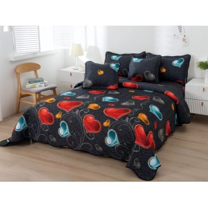 Cuvertura pat dublu din Bumbac Finet, 5 PIESE, Negru-Multicolor, inimioare