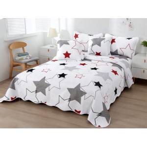 Cuvertura pat dublu din Bumbac Finet, 5 PIESE, Alb-Gri, stelute