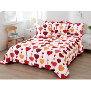 Cuvertura pat dublu din Bumbac Finet, 5 PIESE, Alb-Rosu, inimioare