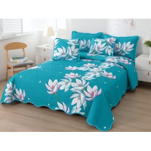 Cuvertura pat dublu din Bumbac Finet, 5 PIESE, Alb-Turquoise, flori