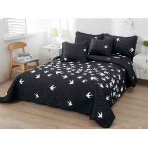 Cuvertura pat dublu din Bumbac Finet, 5 PIESE, Negru-Alb, randunele