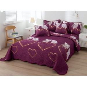 Cuvertura pat dublu din Bumbac Finet, 5 PIESE, Visiniu, bufnite, inimioare