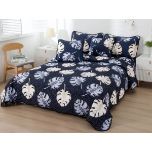 Cuvertura pat dublu din Bumbac Finet, 5 PIESE, Bleumarin, frunze