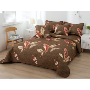 Cuvertura pat dublu din Bumbac Finet, 5 PIESE, Maro, pene