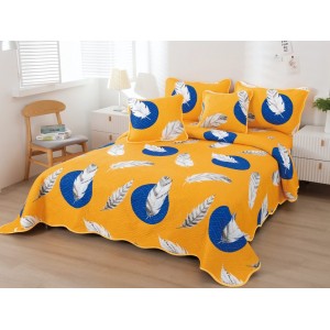 Cuvertura pat dublu din Bumbac Finet, 5 PIESE, Galben-Albastru, pene