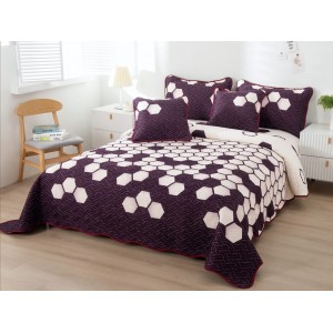 Cuvertura pat dublu din Bumbac Finet, 5 PIESE, Visiniu-Crem, forme geometrice