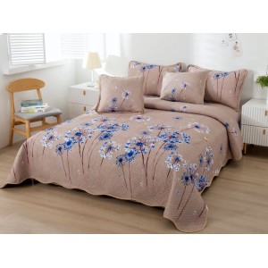 Cuvertura pat dublu din Bumbac Finet, 5 PIESE, Bej-Albastru, papadii