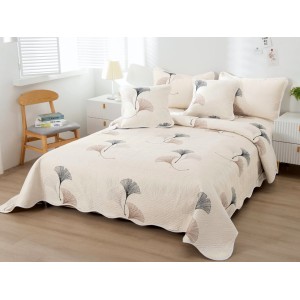 Cuvertura pat dublu din Bumbac Finet, 5 PIESE, Bej, flori