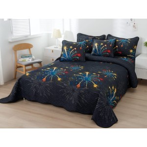 Cuvertura pat dublu din Bumbac Finet, 5 PIESE, Negru-Multicolor, stelute, artificii