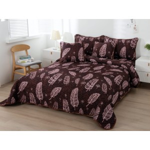 Cuvertura pat dublu din Bumbac Finet, 5 PIESE, Maro, pene