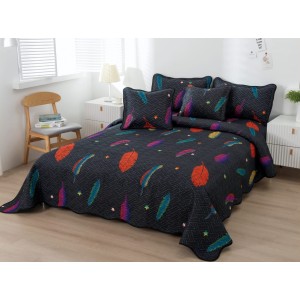 Cuvertura pat dublu din Bumbac Finet, 5 PIESE, Negru-Multicolor, pene, stelute