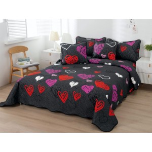Cuvertura pat dublu din Bumbac Finet, 5 PIESE, Negru-Multicolor, inimioare