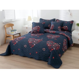 Cuvertura pat dublu din Bumbac Finet, 5 PIESE, Negru-Rosu, inimioare