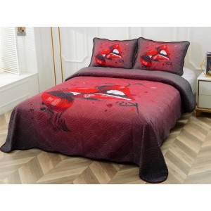 Cuvertura pat dublu, din bumbac tip finet, Identica cu Poza, 3 PIESE, Rosu, buze