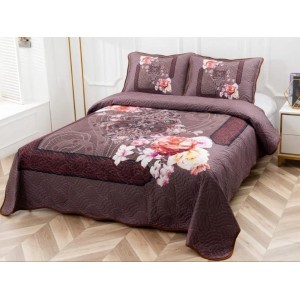 Cuvertura pat dublu, din bumbac tip finet, Identica cu Poza, 3 PIESE, Maro, flori