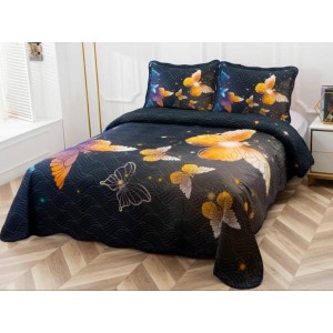 Cuvertura pat dublu, din bumbac tip finet, Identica cu Poza, 3 PIESE, Negru, fluturi