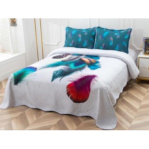 Cuvertura pat dublu, din bumbac tip finet, Identica cu Poza, 3 PIESE, Turquoise, pene